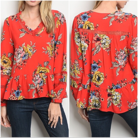 Coral Red Floral Peplum Long Sleeve Blouse - Picture 2 of 5